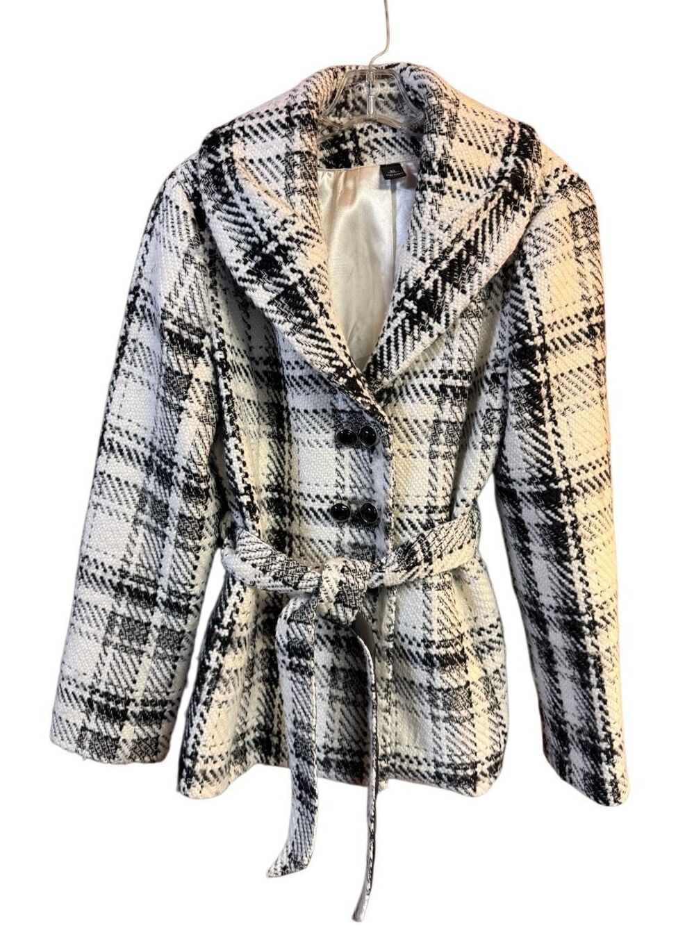 White House Black Market Plaid Belted Peacoat Jacket Wool Blend Women's XL